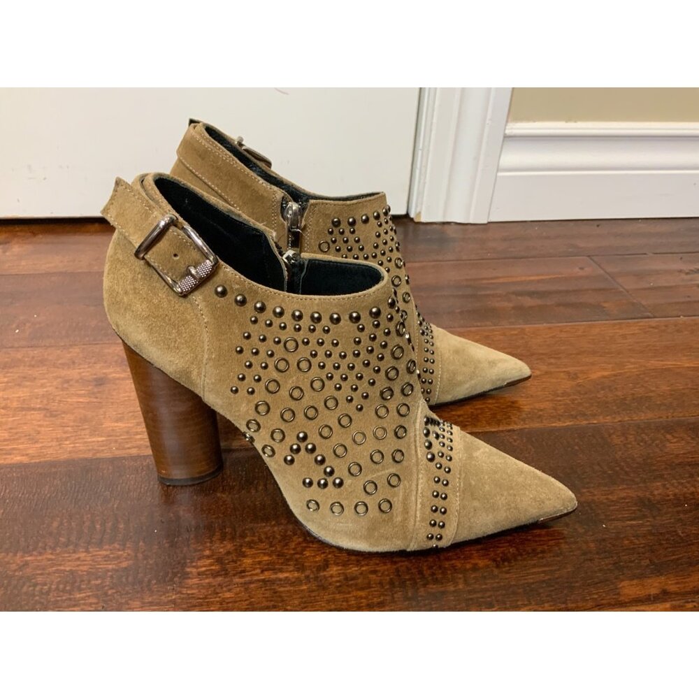 Barbara Bui Tan Suede Studded Pointed Toe Ankle Booties, Size 8.5 | 38.5